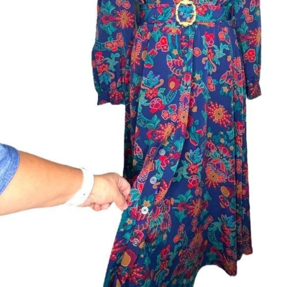 Schrader Long Sleeve 80s Floral Shirt Belted Dress With Jewel Button Cuffs Sz 8 - Picture 7 of 16